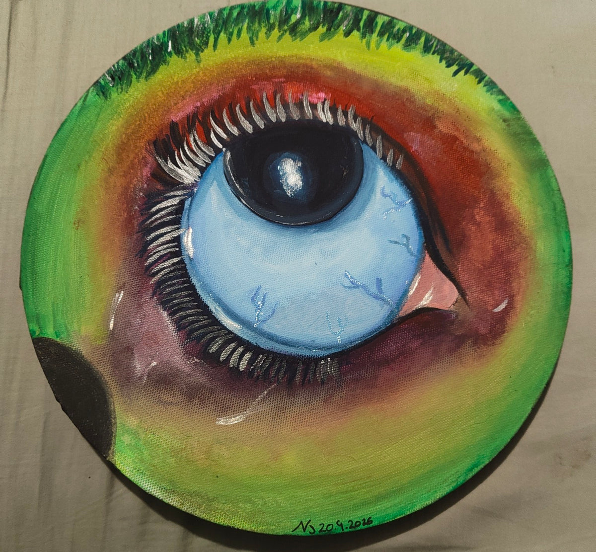 Marks She Carries original gouache eye painting on a round canvas
