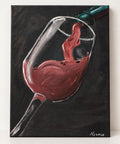 Original gouache painting of red wine being poured into a tilted wine glass
