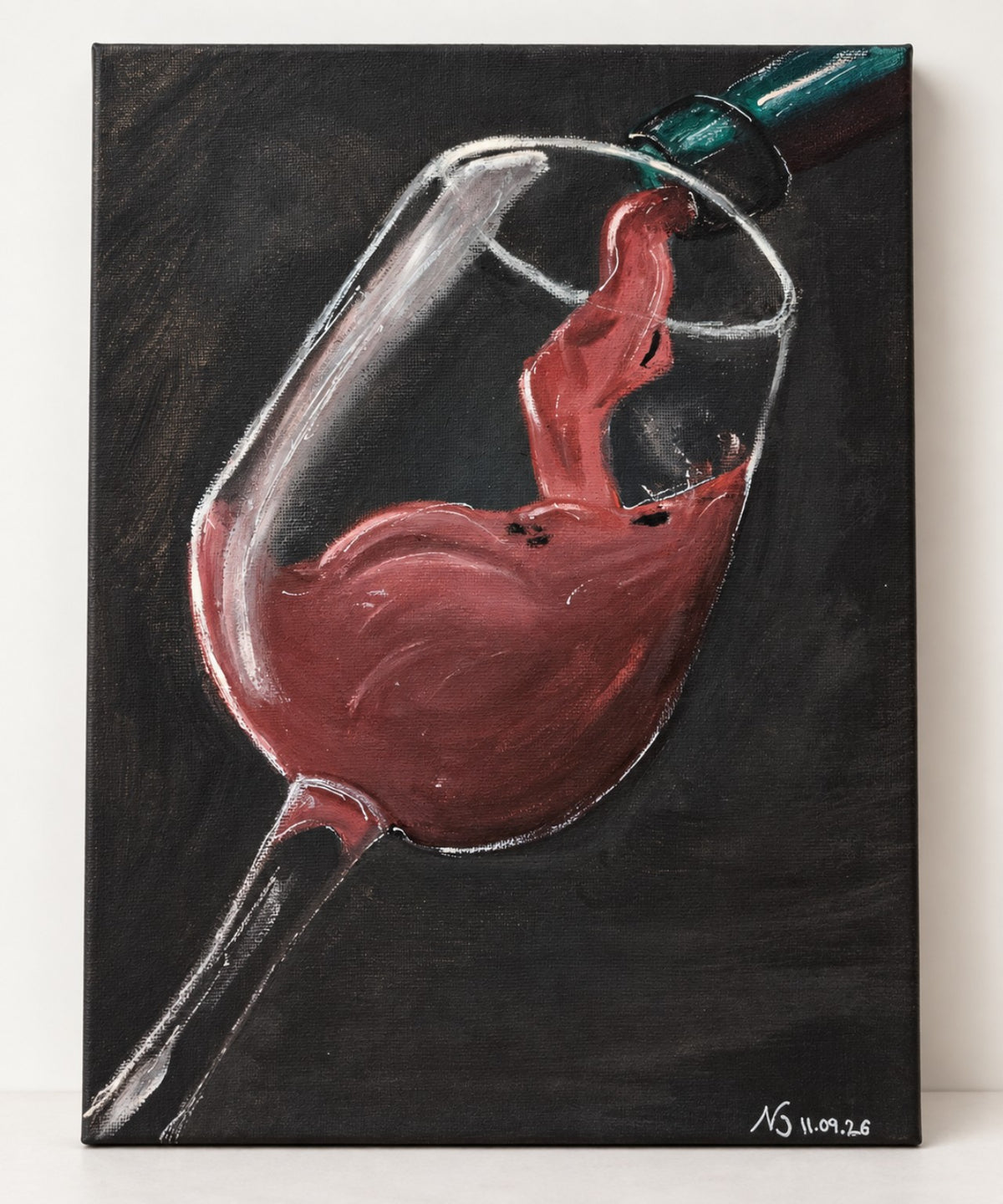 Original gouache painting of red wine being poured into a tilted wine glass